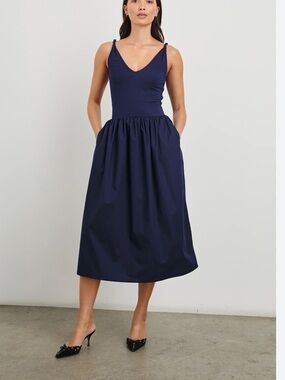 Rails Franca Navy V-Neck Gathered Midi Dress